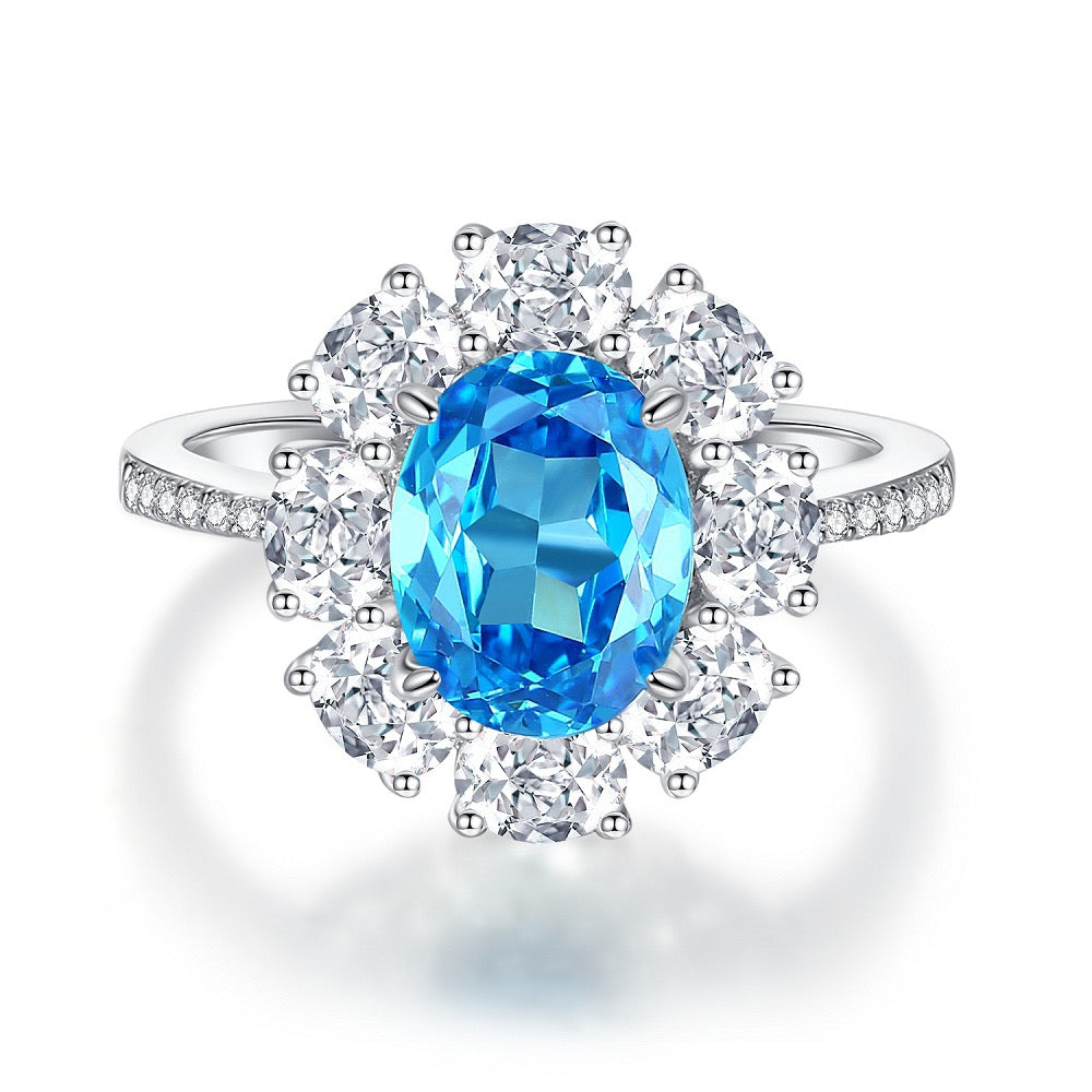 925 Sterling Silver Blue High Carbon Diamond Crush Ice Flower Ring