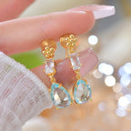 French-style teardrop-shaped, exquisite, light luxury sea blue long copper alloy earrings