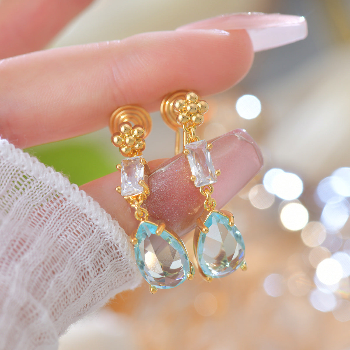 French-style teardrop-shaped, exquisite, light luxury sea blue long copper alloy earrings