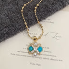 Turquoise four-leaf clover pearl micro-pave zircon copper alloy necklace