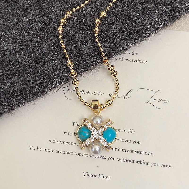 Turquoise four-leaf clover pearl micro-pave zircon copper alloy necklace