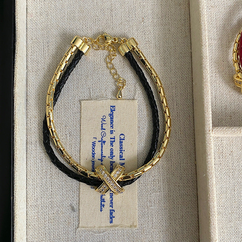 Double-layer leather cord X-letter copper alloy bracelet