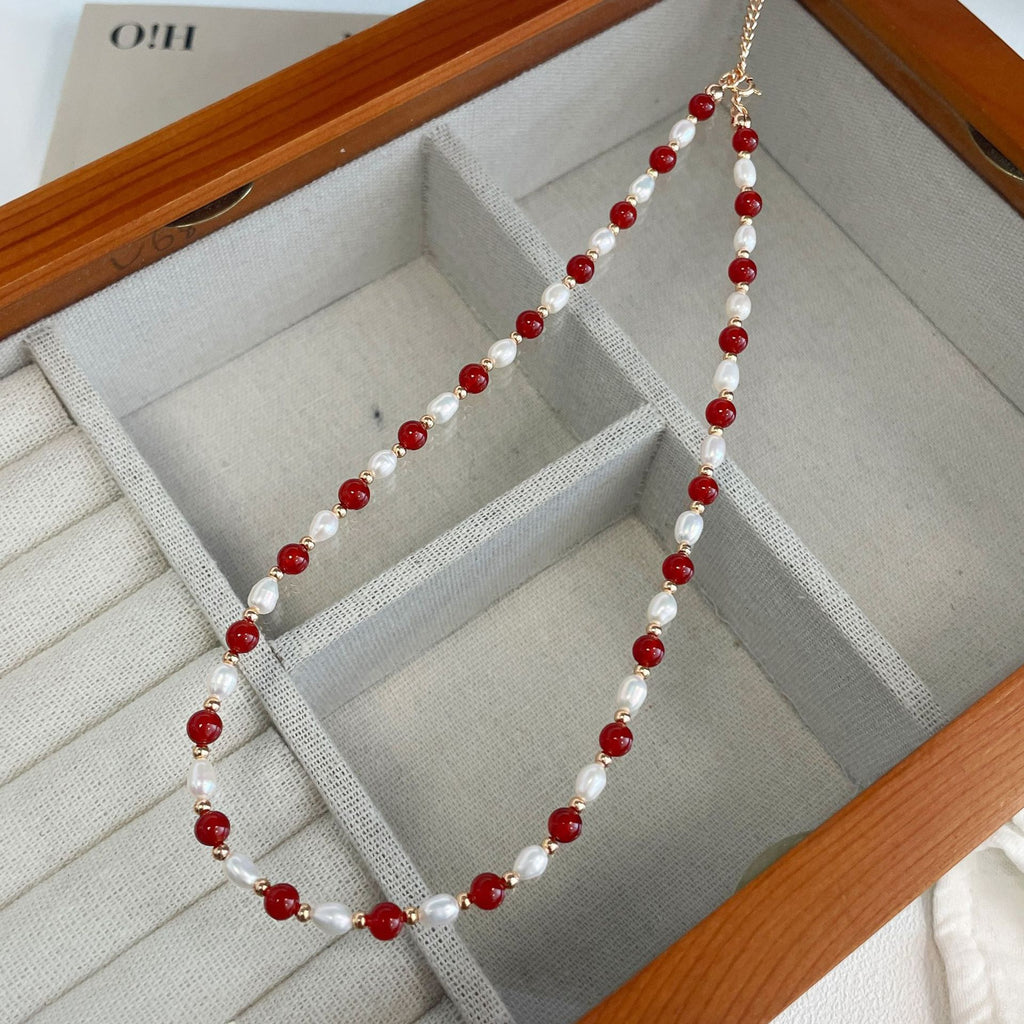 925 Sterling Silver Red Agate Color-Blocked Freshwater Pearl Necklace