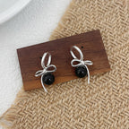 925 Sterling Silver Simple Imitation Pearl Bow Black Agate Earrings
