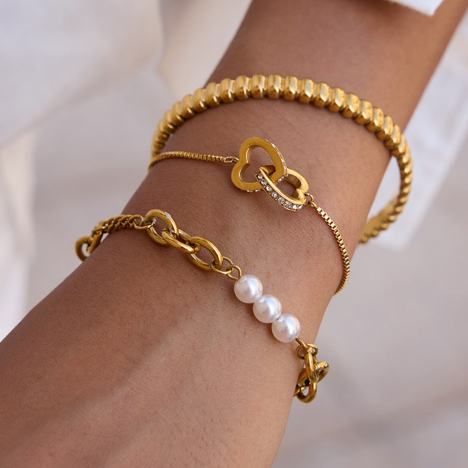 18k gold pearl stacked stainless steel bracelet