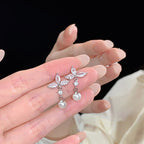 925 Sterling Silver Super Sparkling Marquise Flower Imitation Pearl Stud Earrings