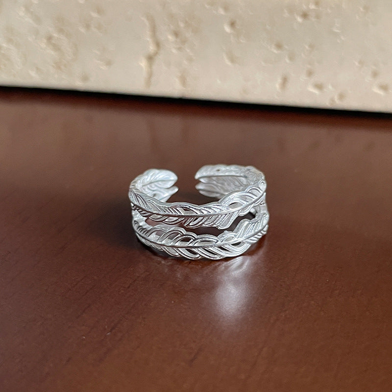 925 Sterling Silver Heavy-Duty Feather Stacked Seaweed Agate Ring