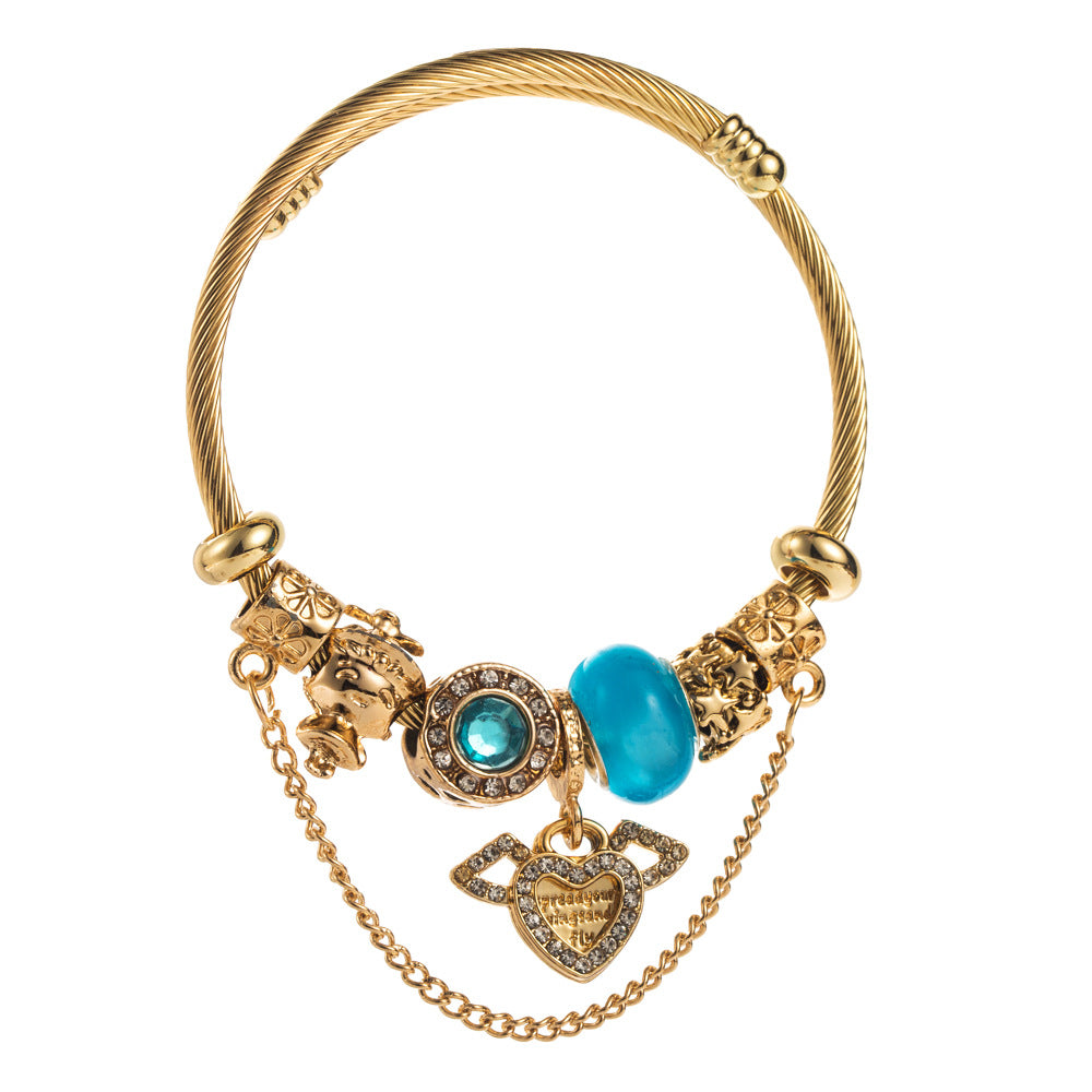 Vintage beaded heart-shaped diamond-encrusted stainless steel bracelet