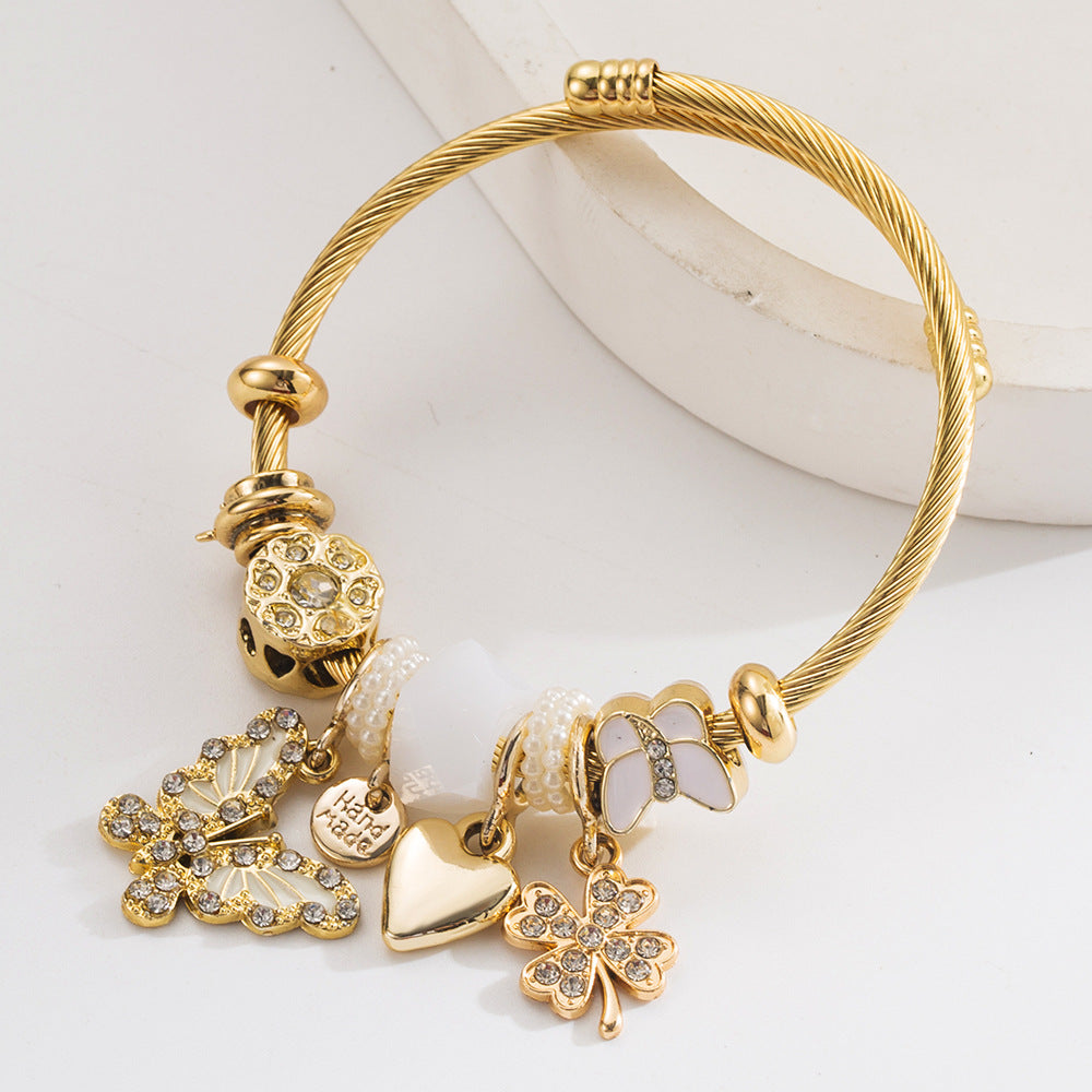 Vintage Butterfly Heart Four-Leaf Clover Stainless Steel Bracelet