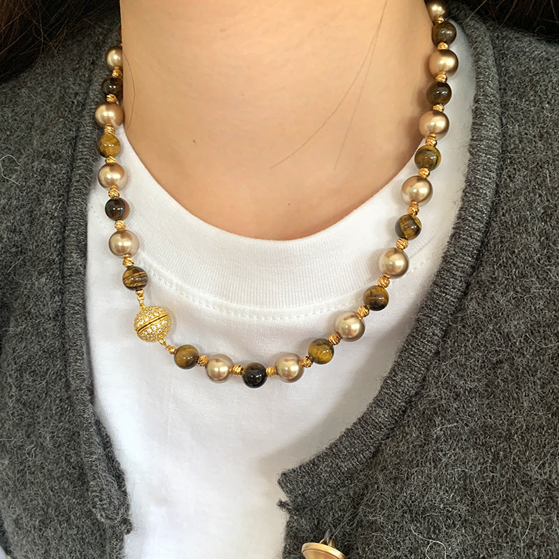Maillard Tiger Eye Mocha Gold Brown Mixed Pearl Zircon Magnetic Copper Alloy Necklace