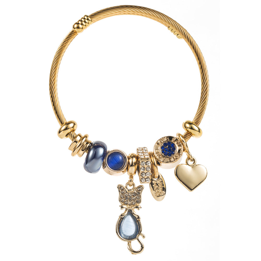 Vintage Cat Heart Stainless Steel Bracelet