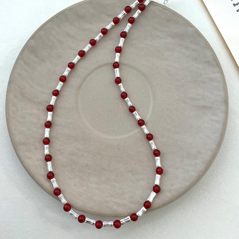 925 Sterling Silver Bamboo-Shaped Red Agate Beaded Necklace and Bracelet