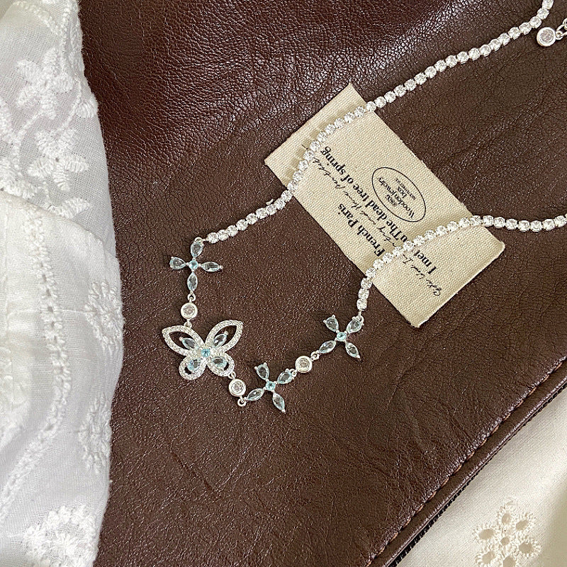 Blue zircon butterfly and flower super sparkly full diamond copper alloy bracelet