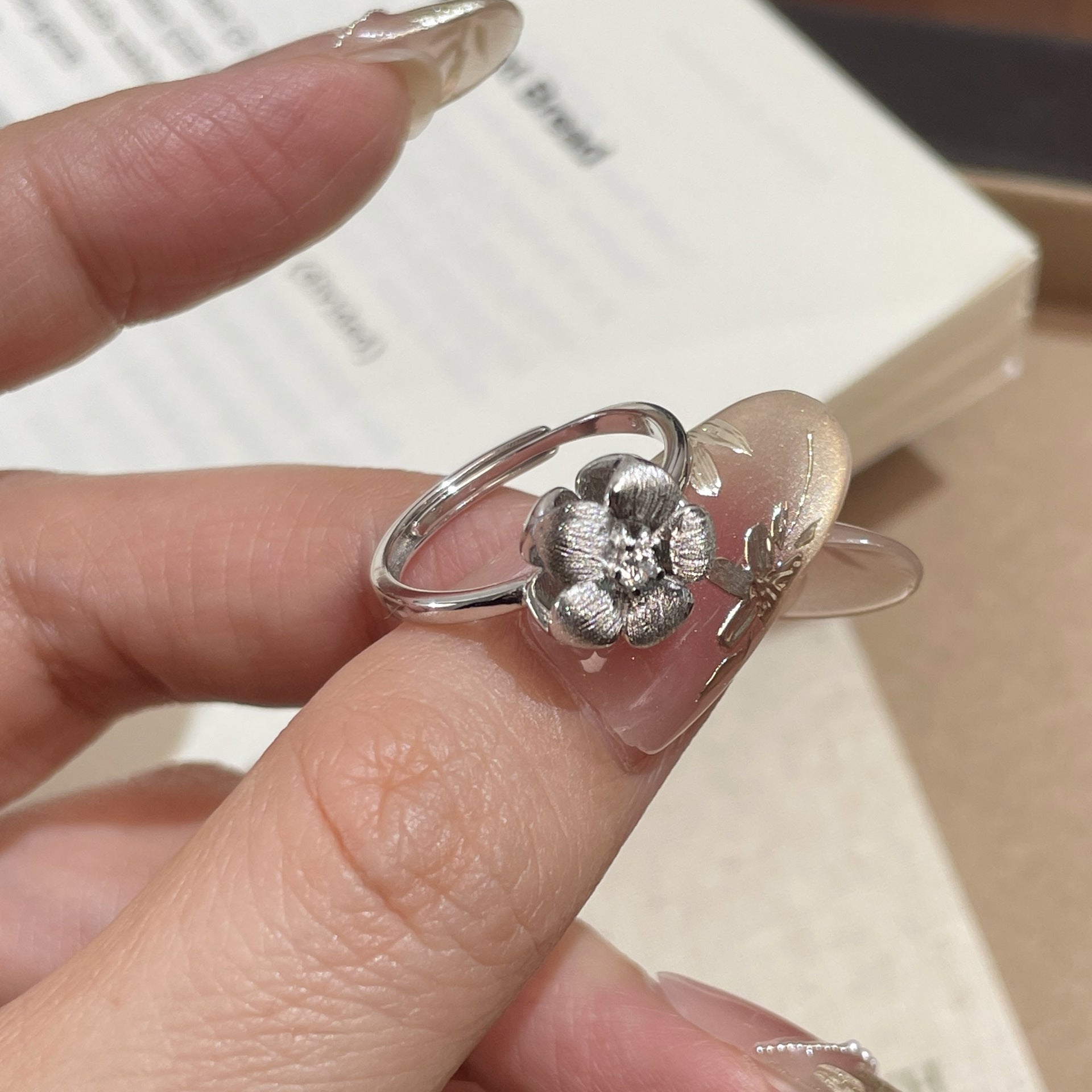 925 Sterling Silver 3D Plum Blossom Brushed Flower Diamond Ring