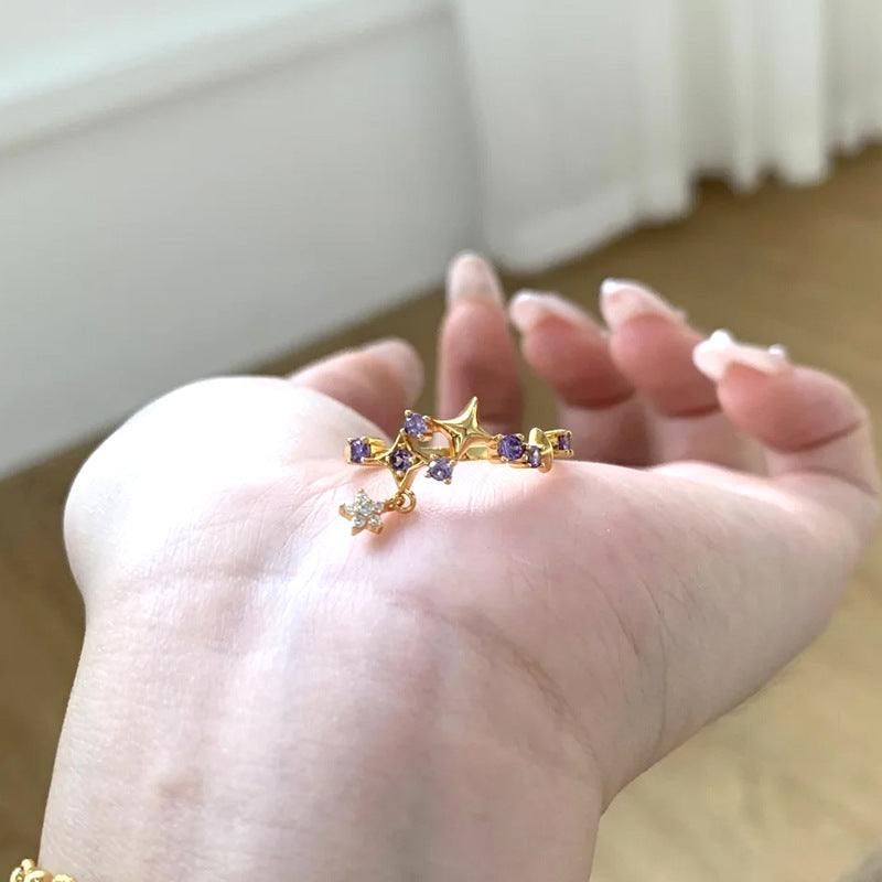 Bauhinia flower purple diamond-set copper alloy ring