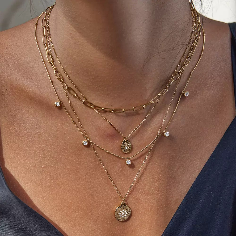 Stainless steel rhinestone star pendant, sophisticated design, layered necklace, colorfast.