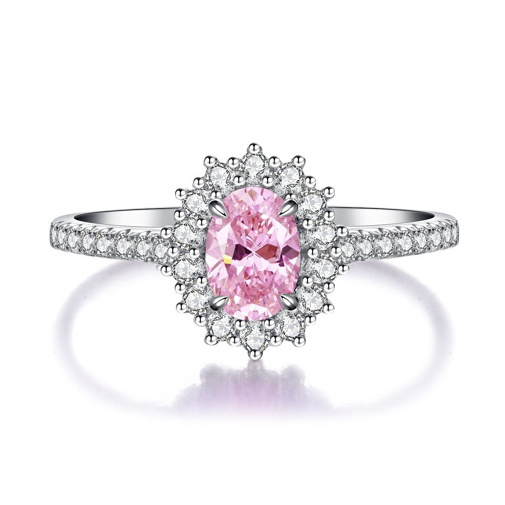 925 Sterling Silver Pink High Carbon Diamond Crush Ice Flower Ring