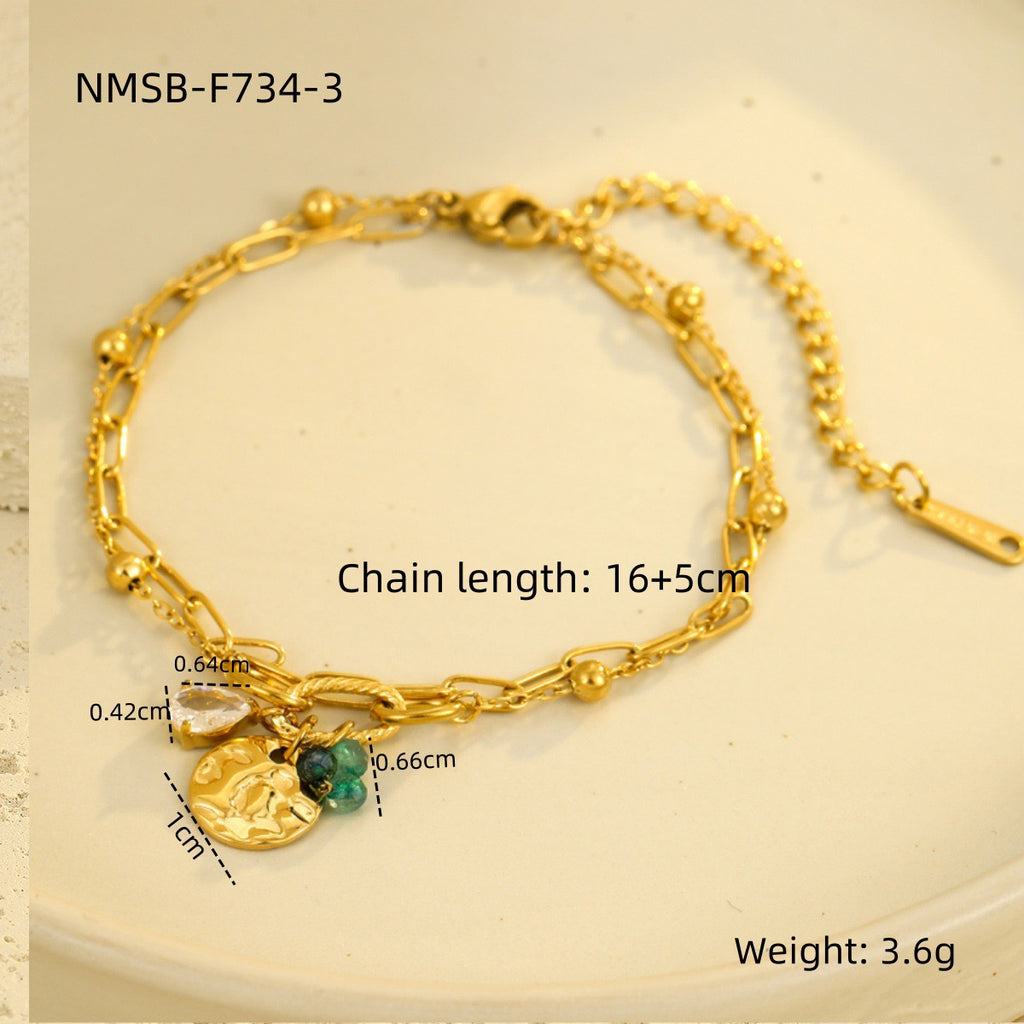 Stainless steel teardrop zircon pearl pendant round bracelet for women