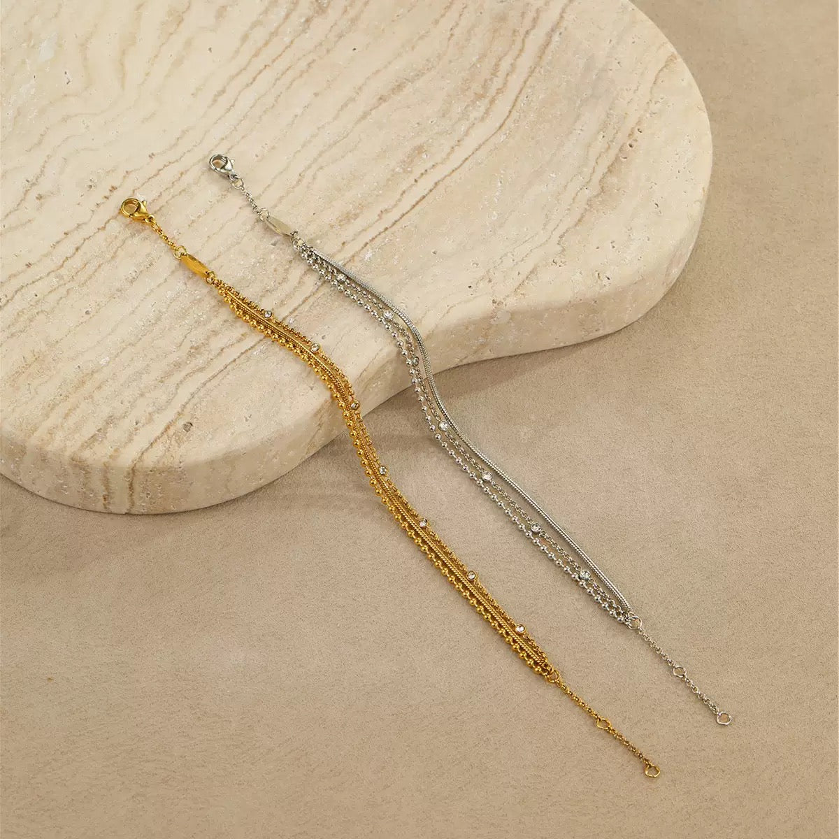 High-end multi-layered stainless steel stacked zircon bracelet