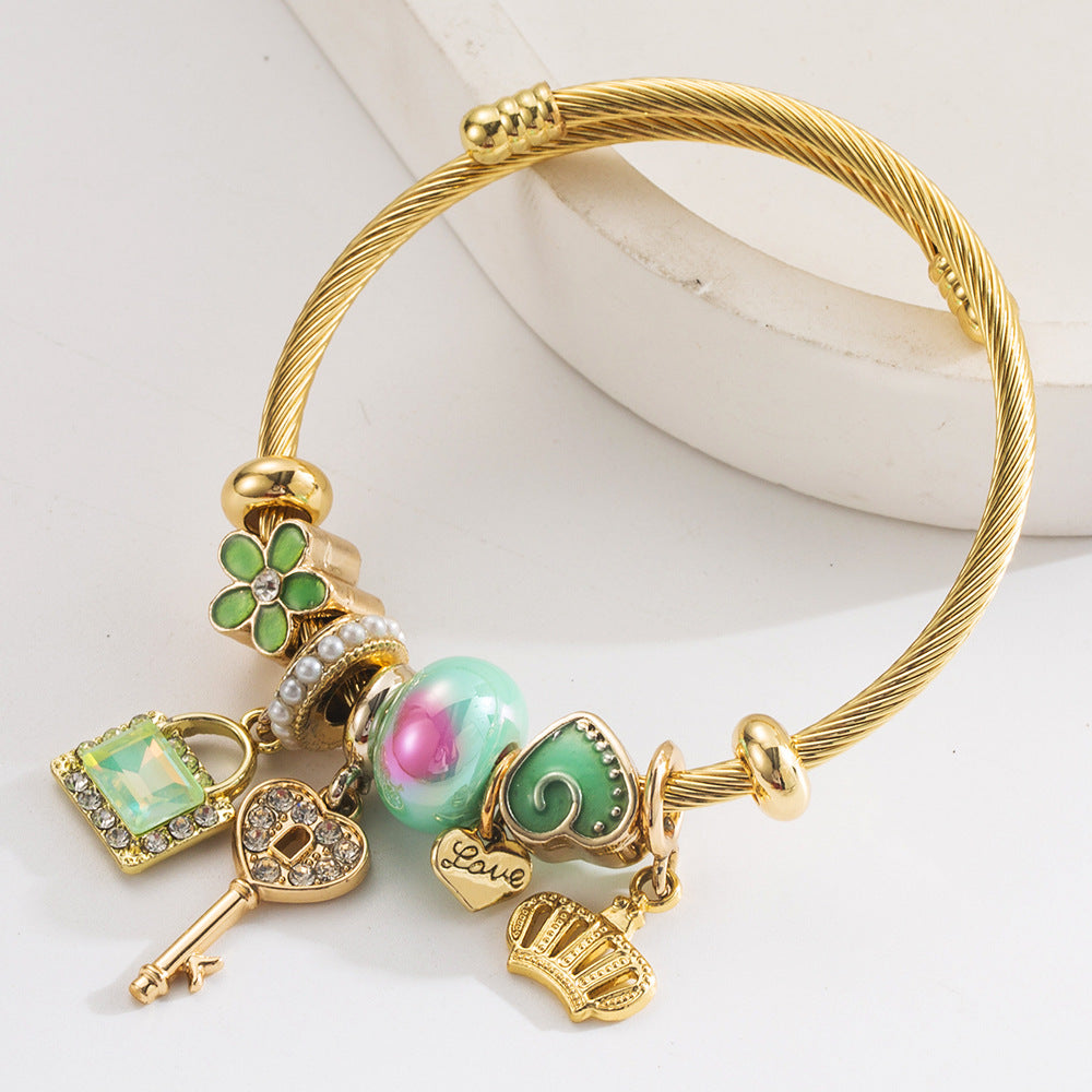 Vintage Key Crown Heart Stainless Steel Bracelet