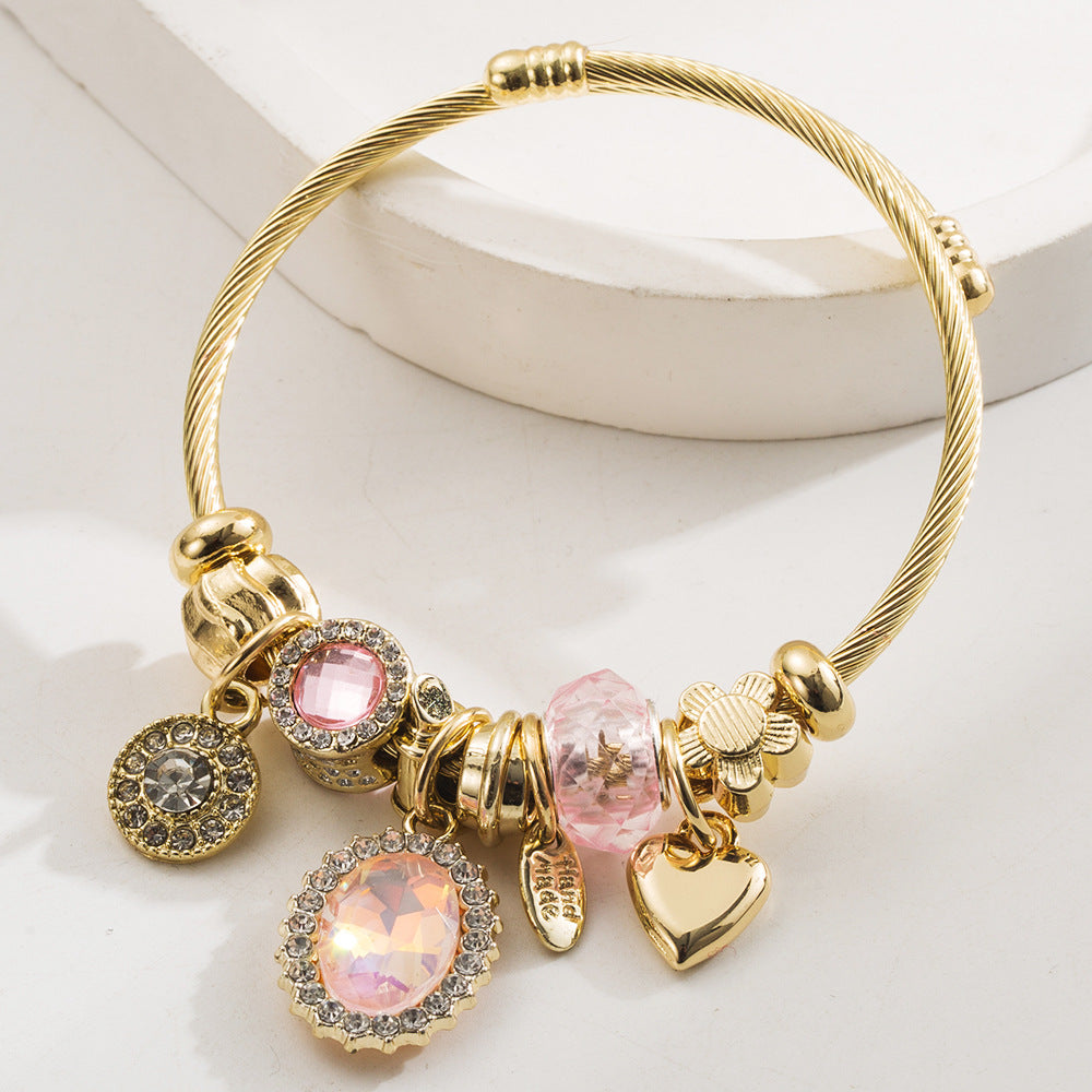 Vintage Heart Pendant Diamond Inlaid Stainless Steel Bracelet