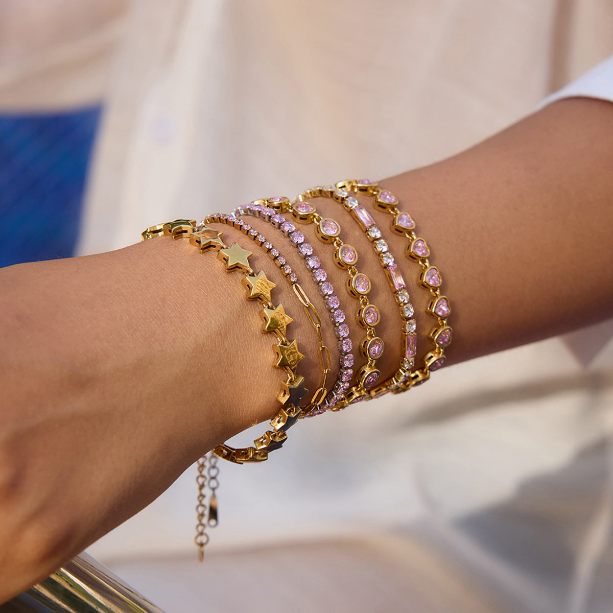 Pink diamond heart-shaped zircon stainless steel bracelet