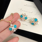 Turquoise four-leaf clover pearl micro-pave zircon copper alloy necklace