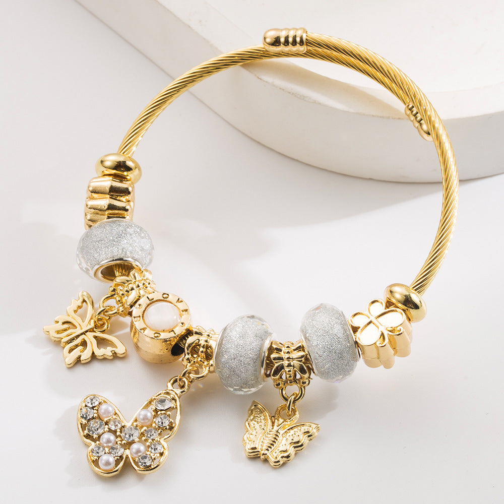 Vintage Gold Stainless Steel Beaded Butterfly Bracelet