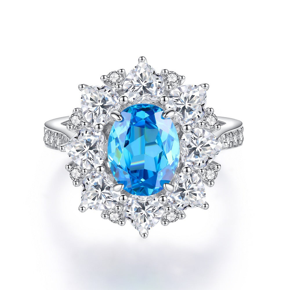 925 Sterling Silver Blue High Carbon Diamond Crush Ice Flower Ring