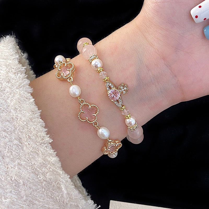 Natural freshwater pearl, amethyst, rose quartz, citrine, colored zircon, four-leaf clover, stacked copper alloy bracelet