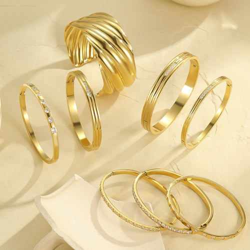 18k gold diamond-set stainless steel vintage stacked bracelet