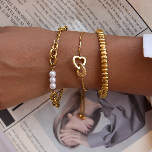 18k gold pearl stacked stainless steel bracelet