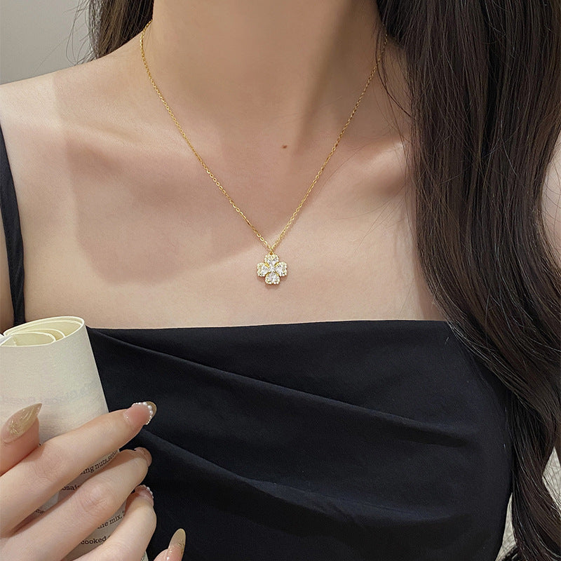 925 Sterling Silver Four-Leaf Clover Heart Zirconia Necklace