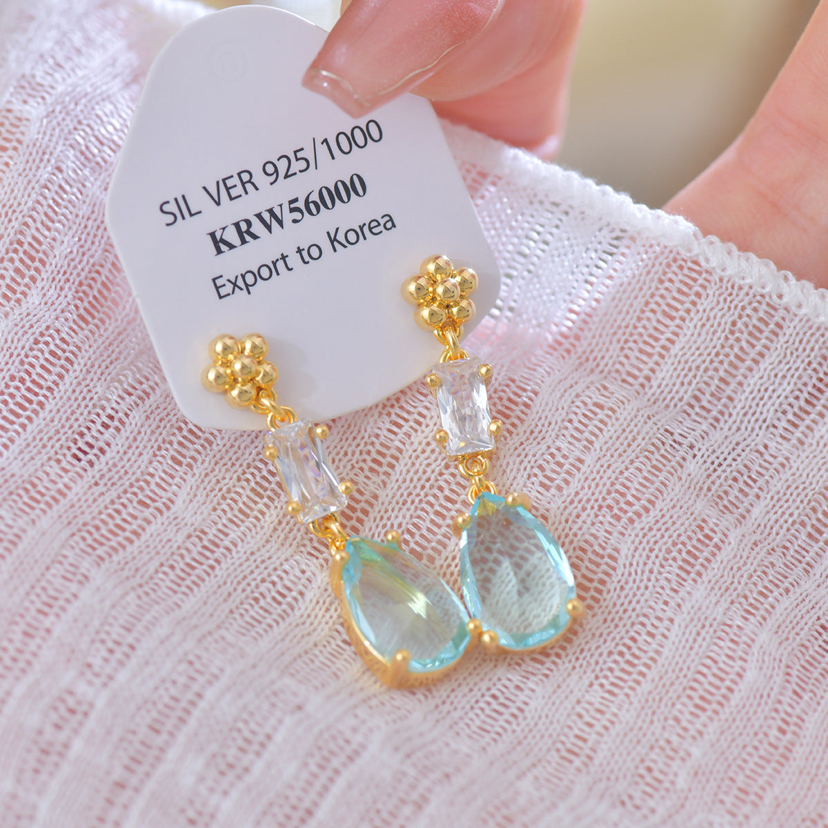 French-style teardrop-shaped, exquisite, light luxury sea blue long copper alloy earrings