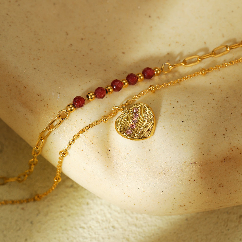 Red natural stone heart-shaped stainless steel bracelet