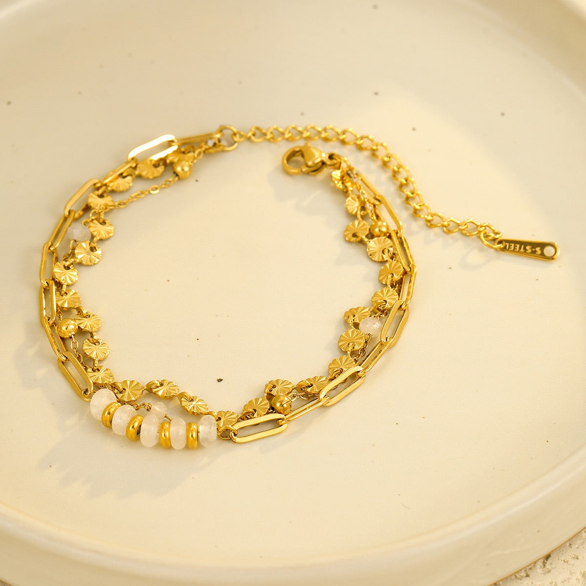 Gold three-layer stacked bracelet, versatile natural stone round stainless steel bracelet