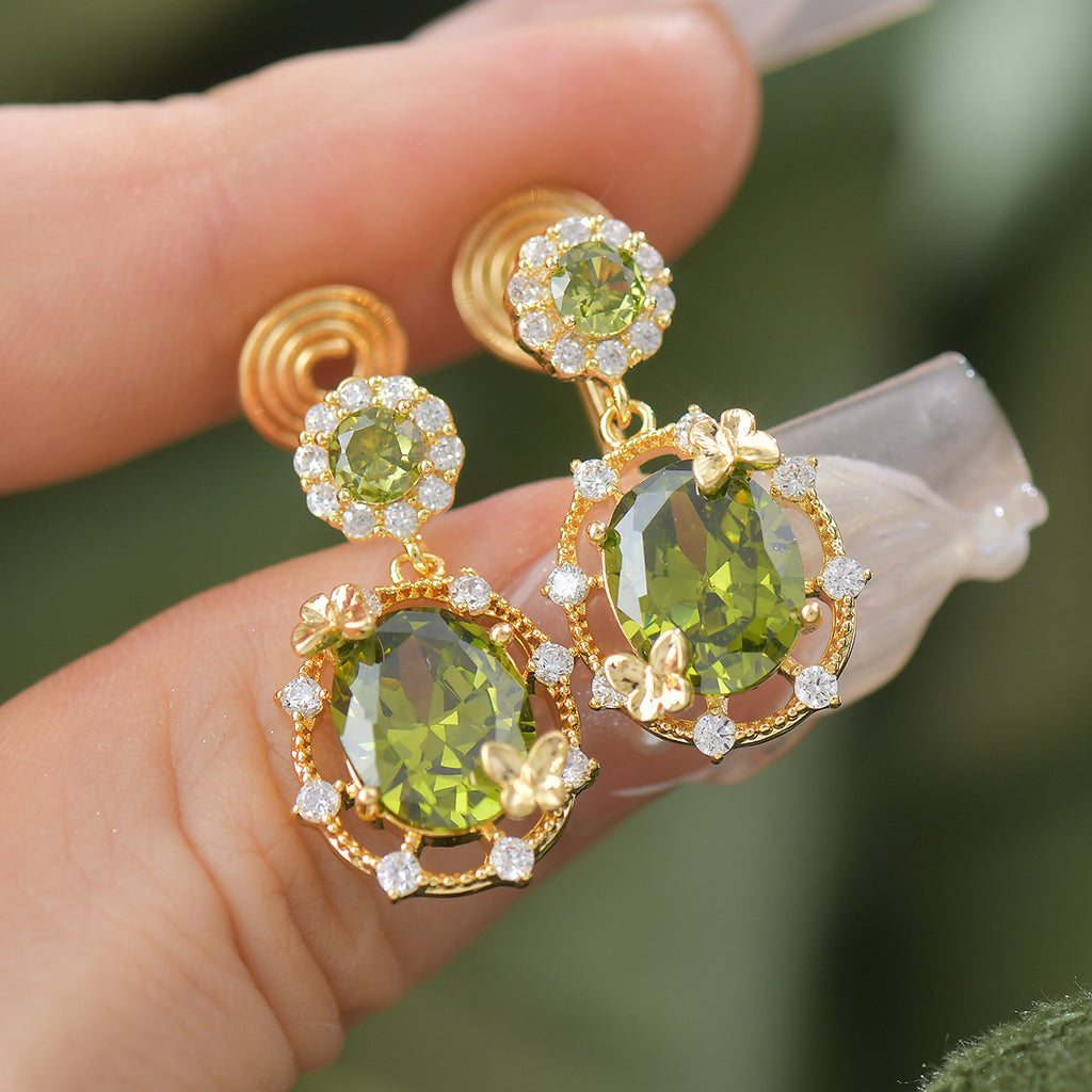 French-style design butterfly olive green zircon openwork copper alloy set
