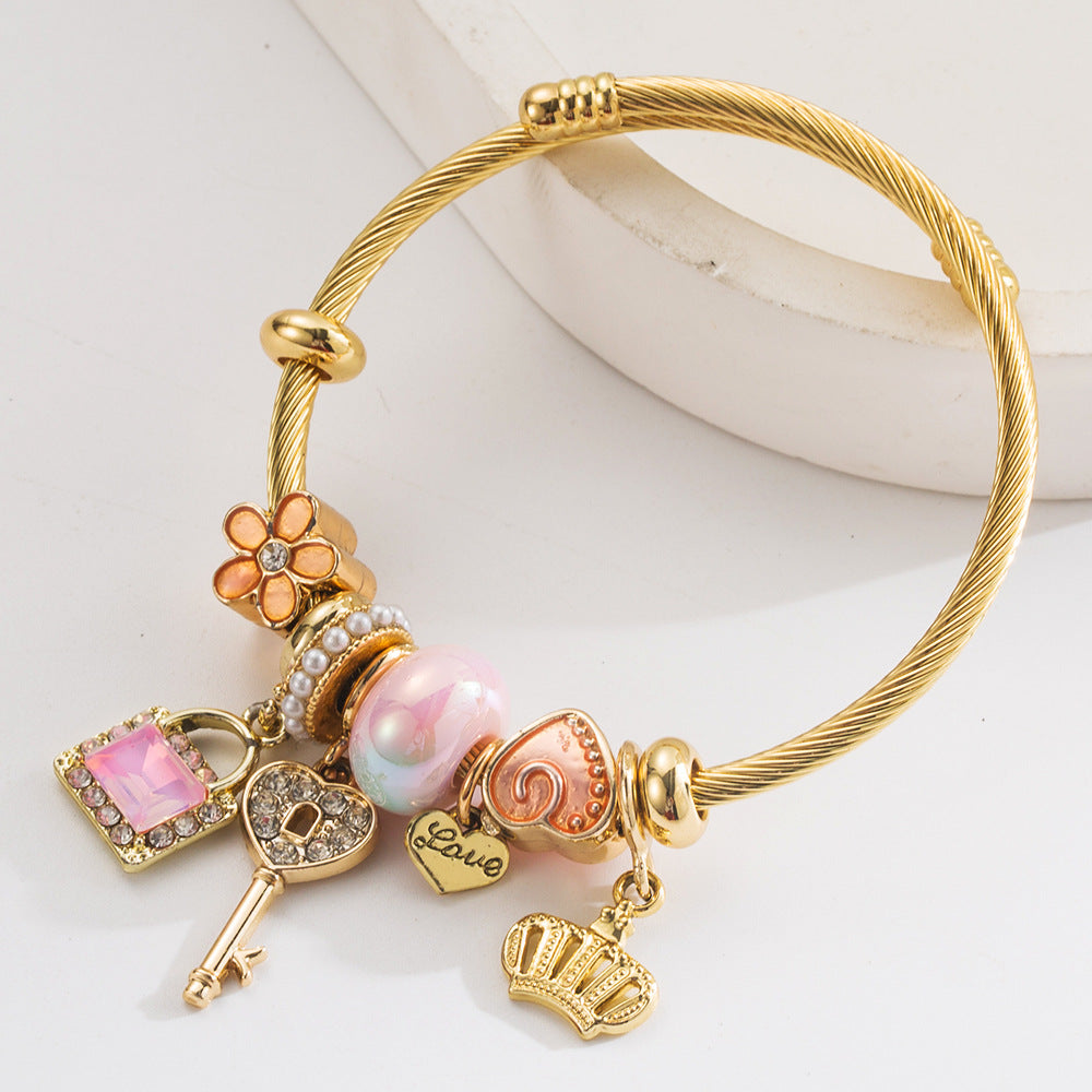Vintage Key Crown Heart Stainless Steel Bracelet