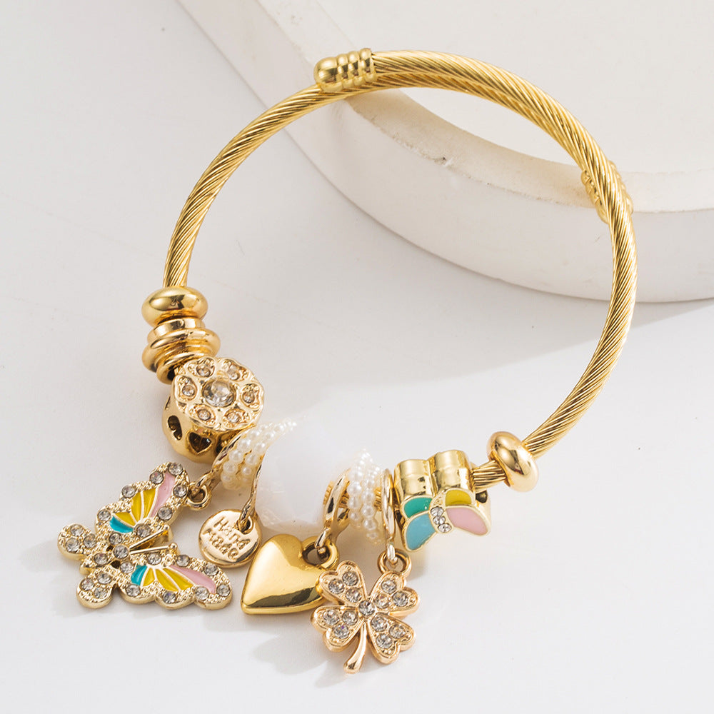 Vintage Butterfly Heart Four-Leaf Clover Stainless Steel Bracelet