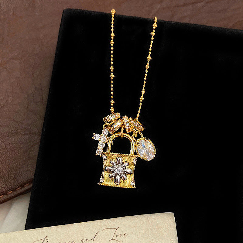 Vintage gold cross clasp lock pouch detachable copper alloy necklace