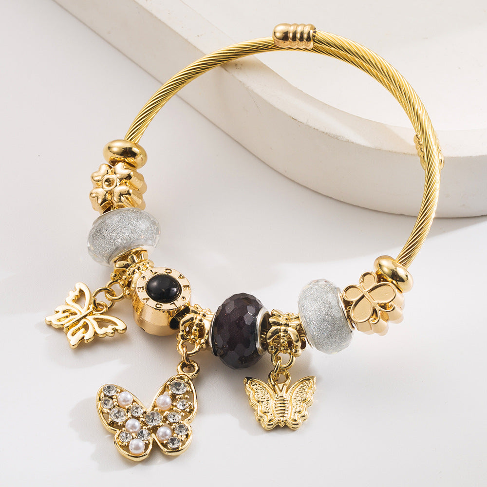 Vintage Gold Stainless Steel Beaded Butterfly Bracelet