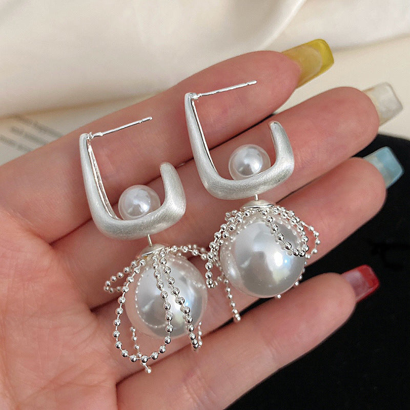 Brushed silver pearl bow lace earrings