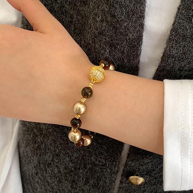 Maillard Tiger Eye Mocha Gold Brown Mixed Pearl Zircon Magnetic Copper Alloy Necklace