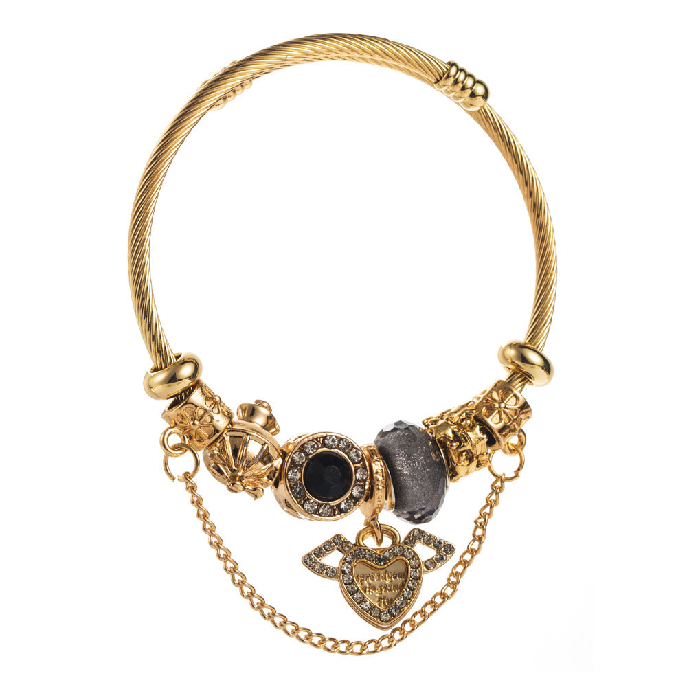 Vintage beaded heart-shaped diamond-encrusted stainless steel bracelet