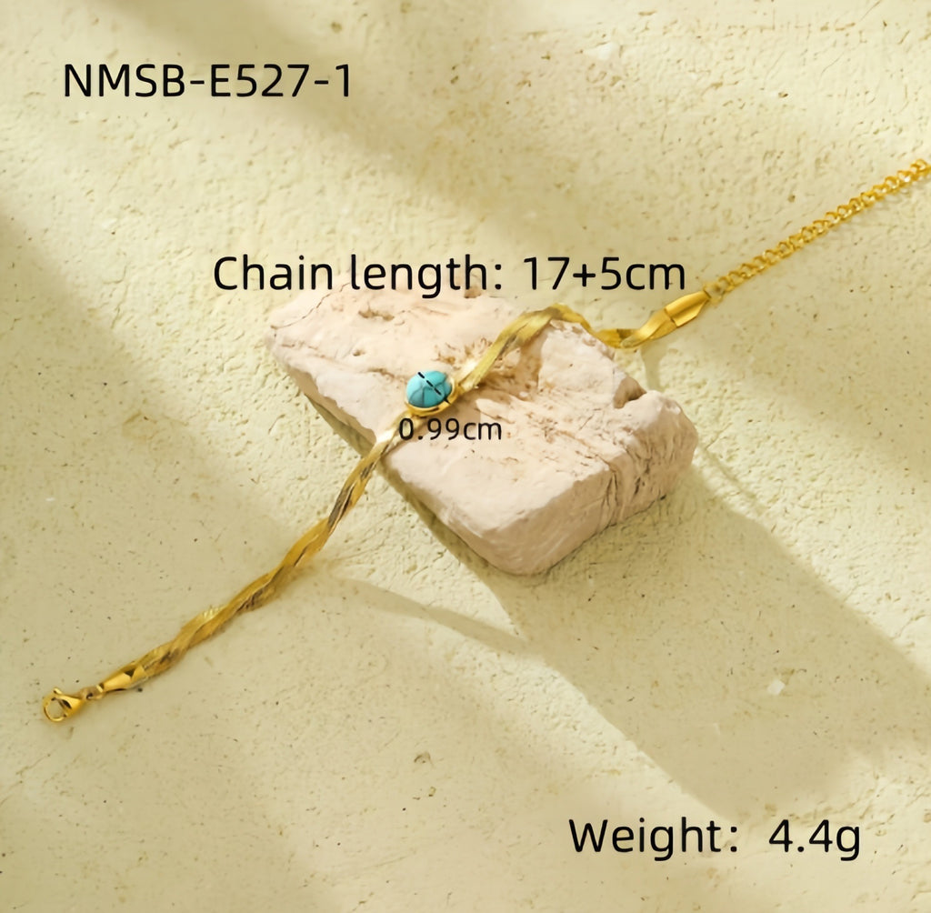 Versatile stainless steel flat snake chain braided bracelet inlaid with turquoise tiger tooth natural stone