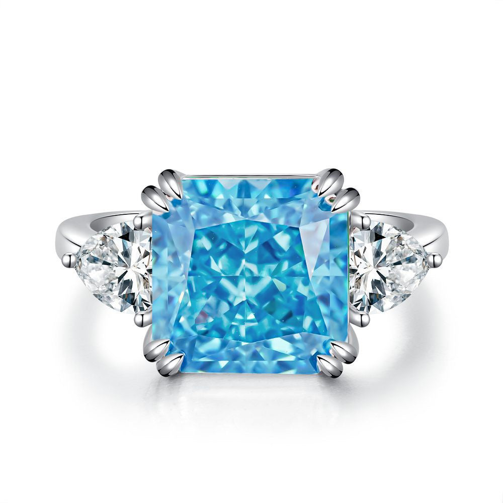 925 Sterling Silver Blue High Carbon Diamond Crush Ice Flower Ring