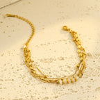 Gold three-layer stacked bracelet, versatile natural stone round stainless steel bracelet