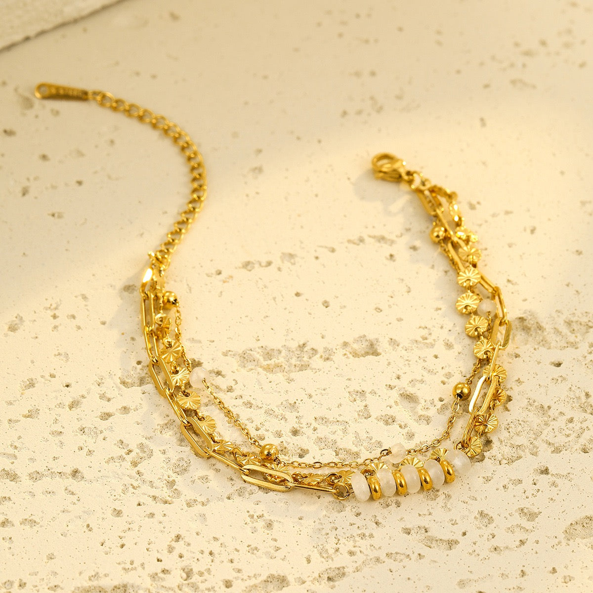 Gold three-layer stacked bracelet, versatile natural stone round stainless steel bracelet