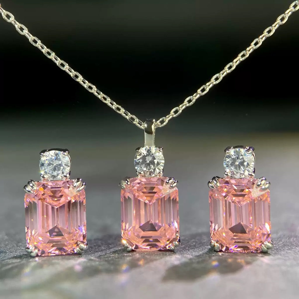 925 Sterling Silver Pink Gemstone High Carbon Diamond Set