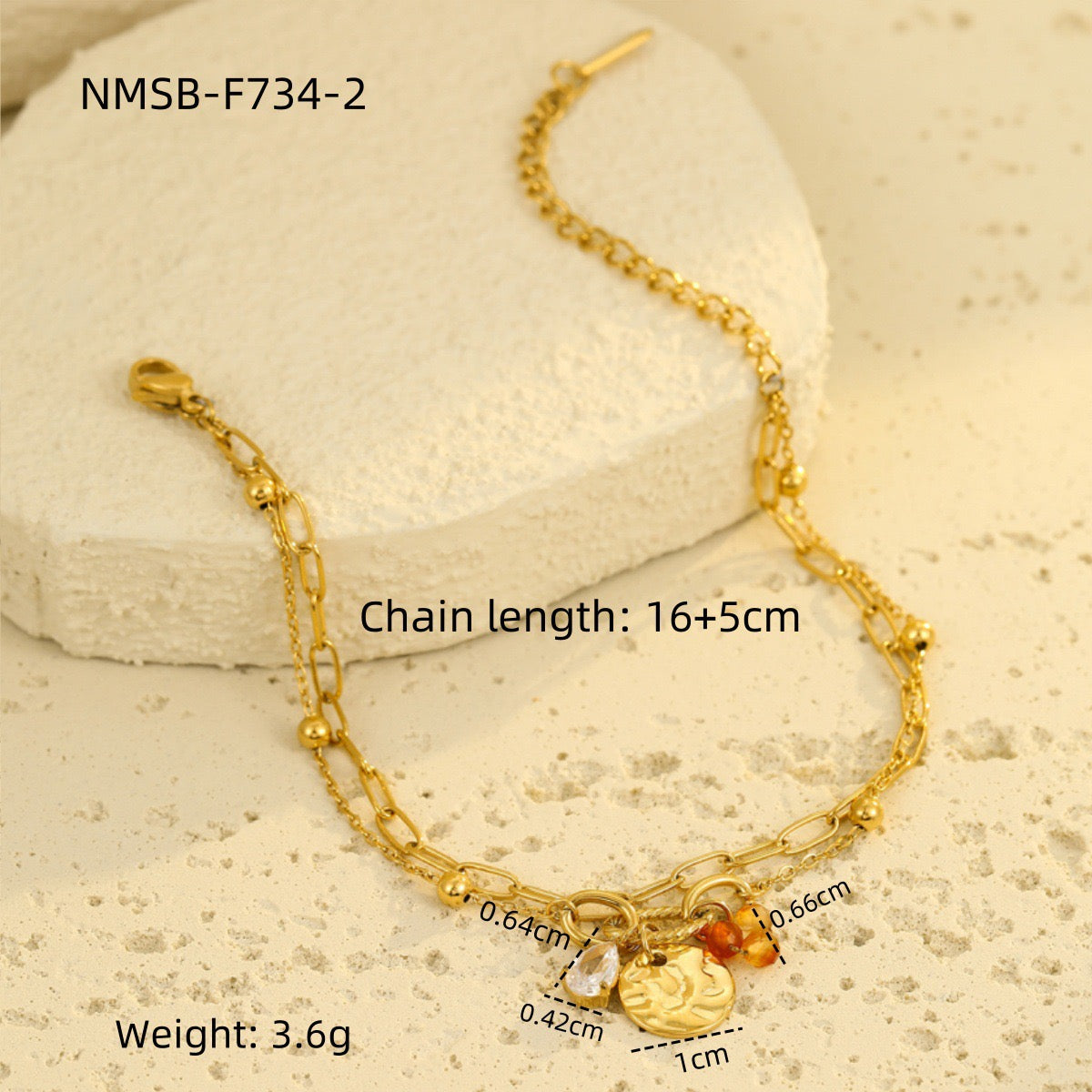 Stainless steel teardrop zircon pearl pendant round bracelet for women